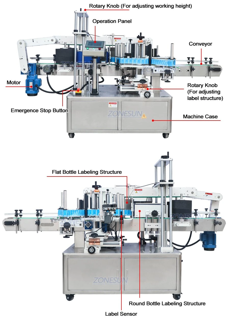 Zonesun Automatic Adhesive Sticker Flat Surface Label Applicator Laundry Detergent Bottle Labler Double Sides Labeling Machine